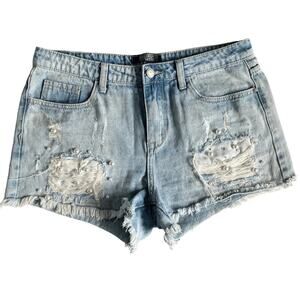 Girls On Film Shorts Womens 8 Blue Denim Distressed Pearl Beaded Cut Off Hem